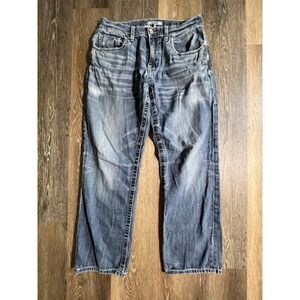 BKE‎ Jake Straight Leg Jeans Mens 33R Blue Medium Wash Good Distressed Denim